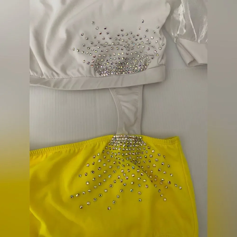 Glamorous solo dance costume white yellow 2 piece embellished puff sleeve LA
